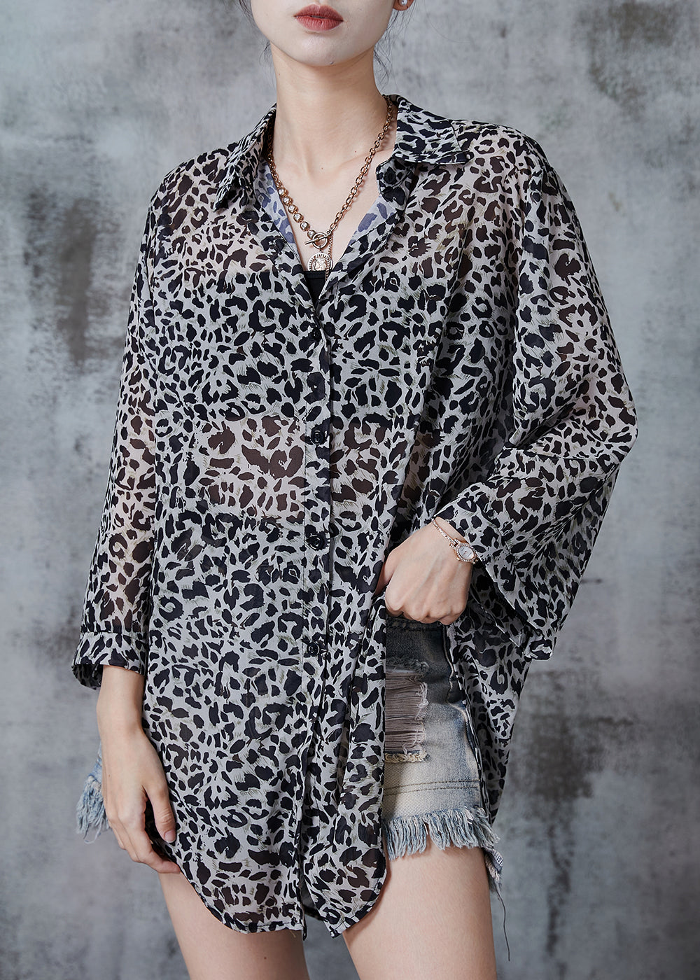 Grey Oversized Leopard Print Chiffon Shirt Top Fall