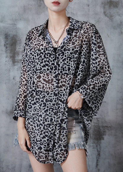 Grey Oversized Leopard Print Chiffon Shirt Top Fall