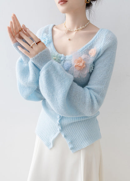 Boutique Blue O Neck Knitted Tops Spring