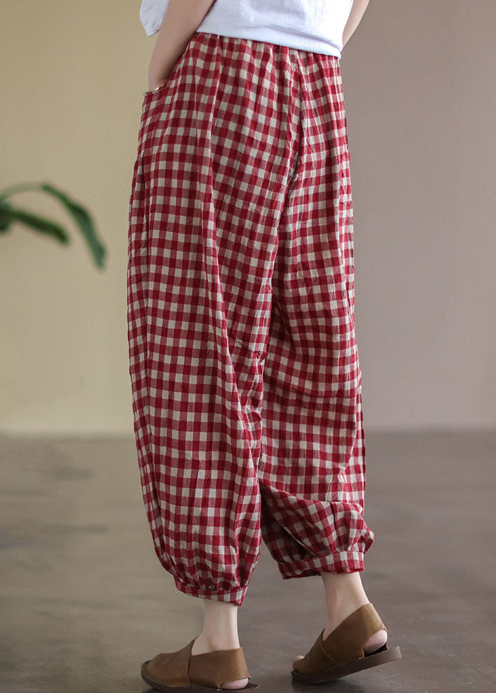 Red Plaid Pockets Elastic Waist Linen Crop Pants Summer