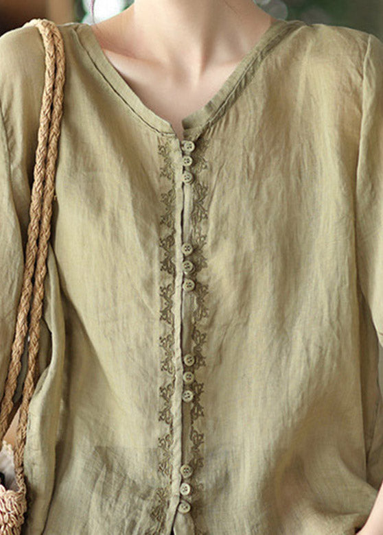 Loose V Neck Embroidered Button Linen Shirt Half Sleeve