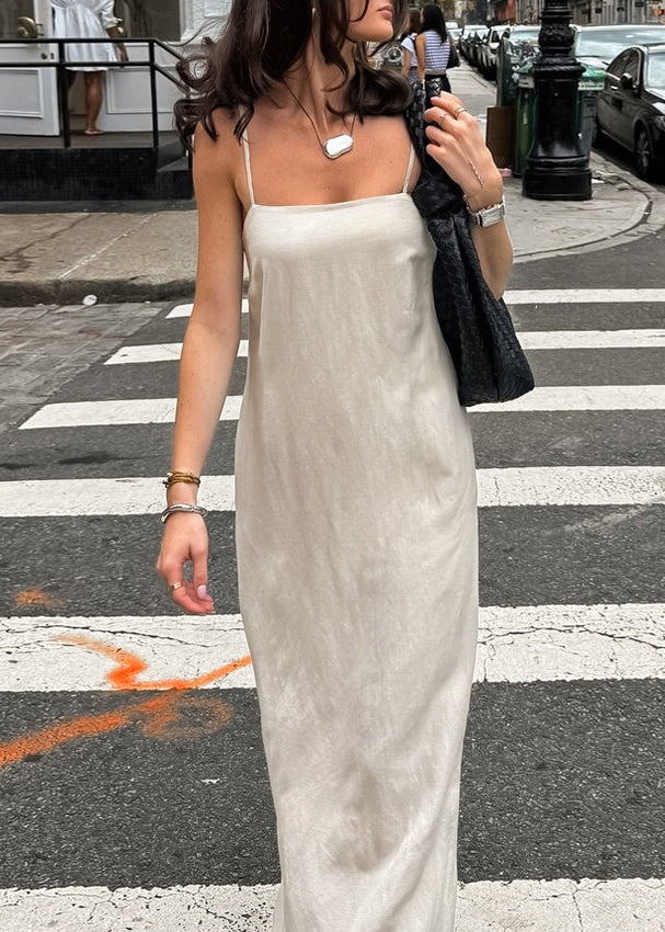Khaki Square Neck Vacation Style Spaghetti Strap Dress Summer