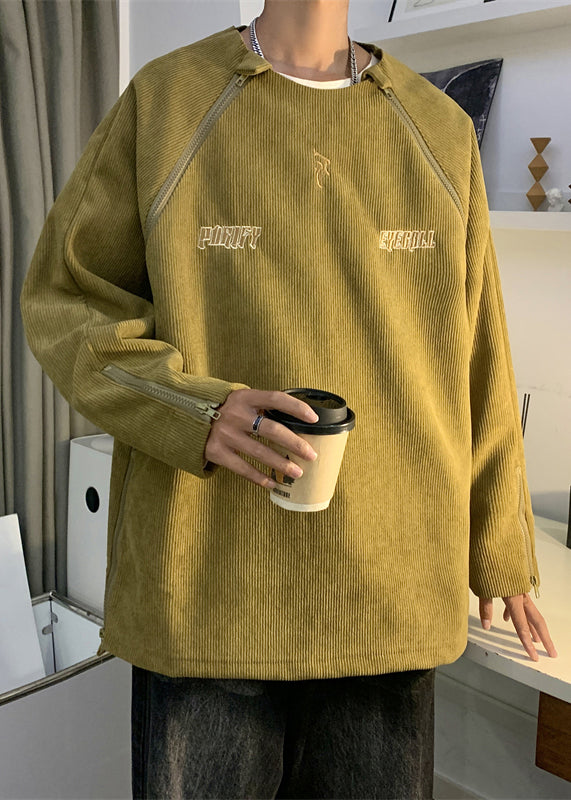 New Brown Embroideried Zip Up Corduroy Sweatshirts Fall
