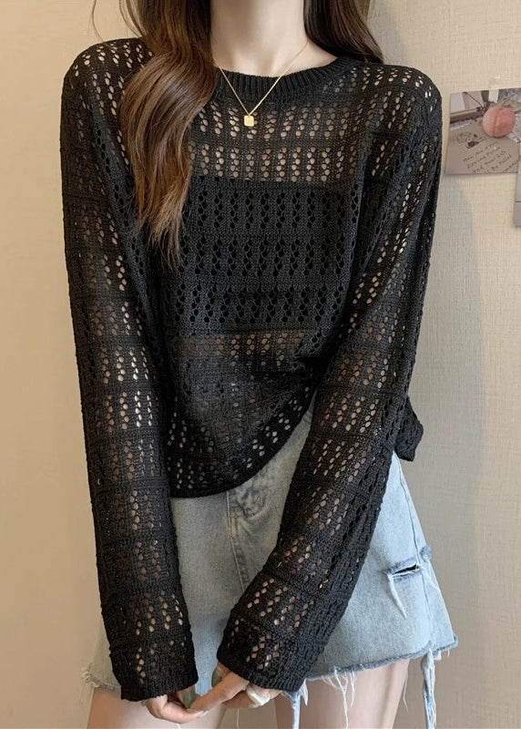 Black Hollow Out Knit T Shirts O Neck Long Sleeve