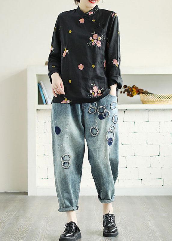 Black Embroidered Stand Collar Button Fall Long Sleeve Shirt