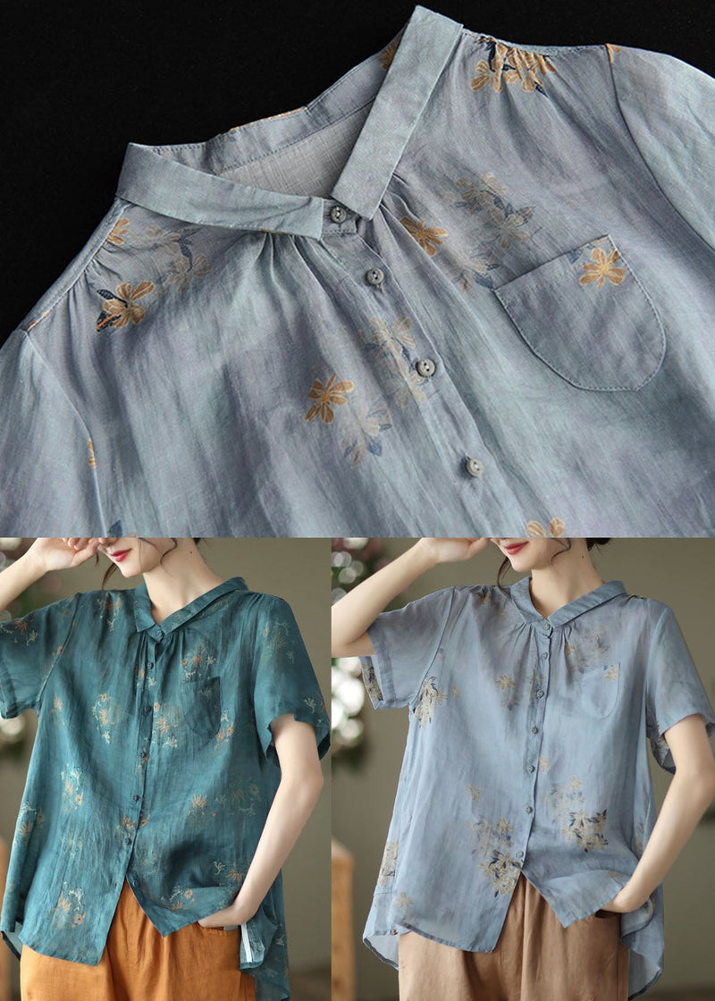 Navy Peter Pan Collar Wrinkled Linen Shirt Top Short Sleeve
