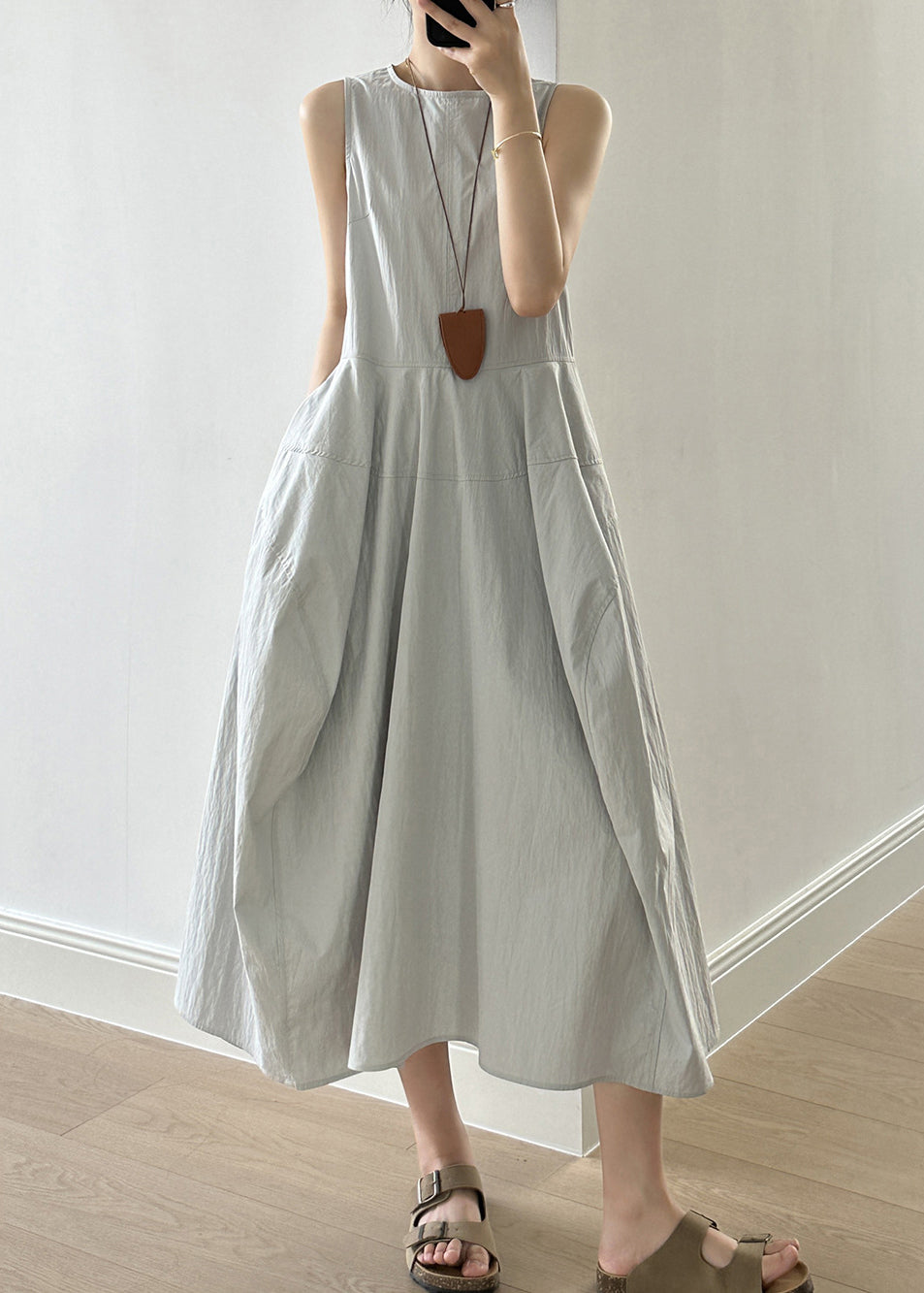 Green Patchwork Cotton Long Dress Zippered Fall