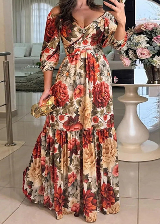 Photo Color V Neck Print Cotton Long Dresses Bracelet Sleeve