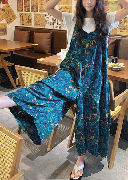Loose Blue Print High Waist Cotton Jumpsuits Pants Summer