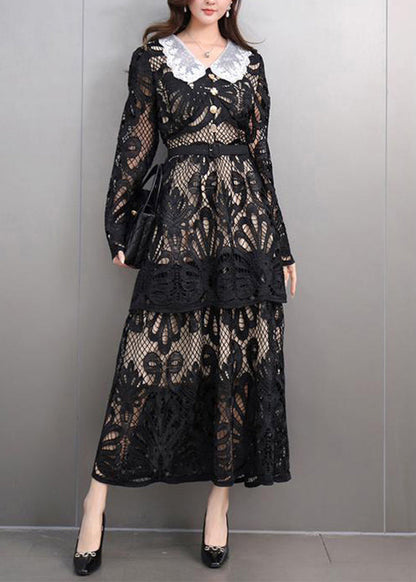 Black Peter Pan Collar Lace Long Dress Spring