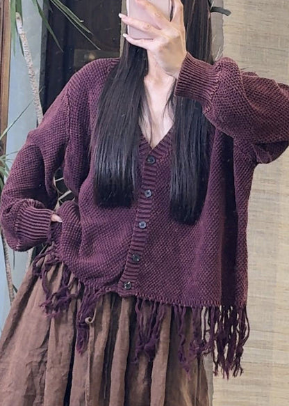 Red V Neck Button Tasseled Knit Sweater Spring