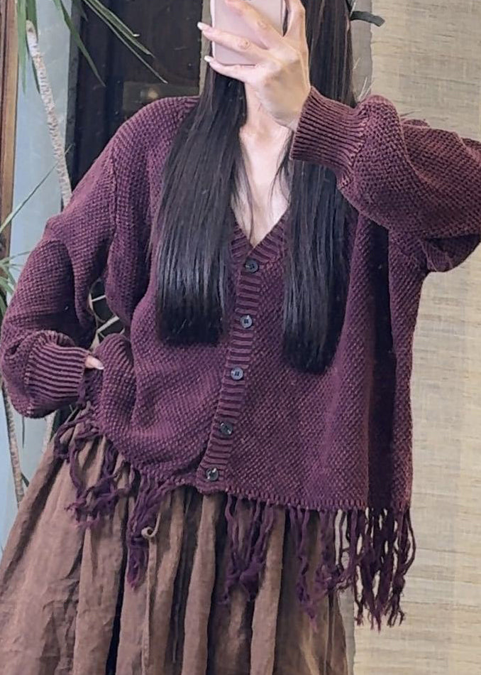 Red V Neck Button Tasseled Knit Sweater Spring