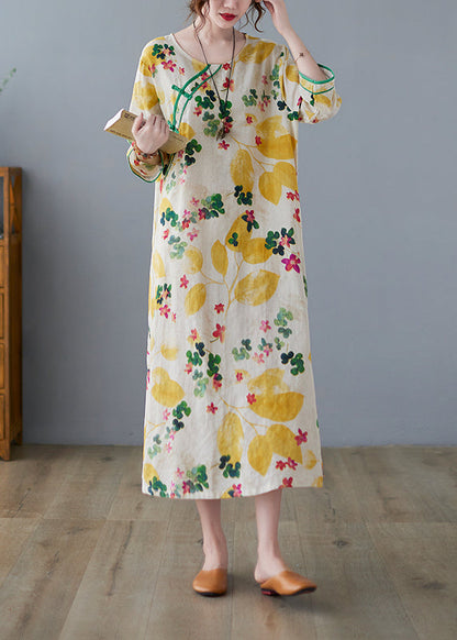 Yellow Side Open O-neck Print Cotton Loose Dress Three Quarter Sleeve