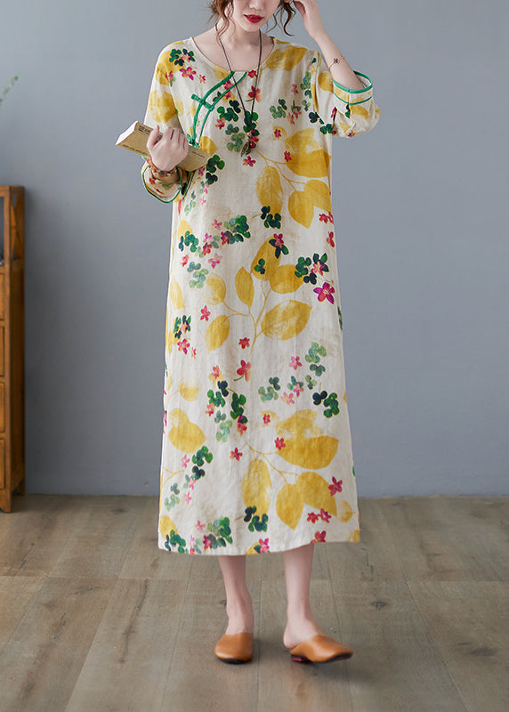 Yellow Side Open O-neck Print Cotton Loose Dress Three Quarter Sleeve