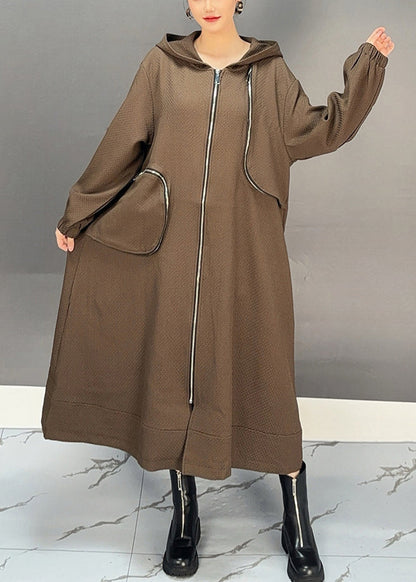 Coffee Patchwork Zippered Hooded Maxi Trench Coat Spring