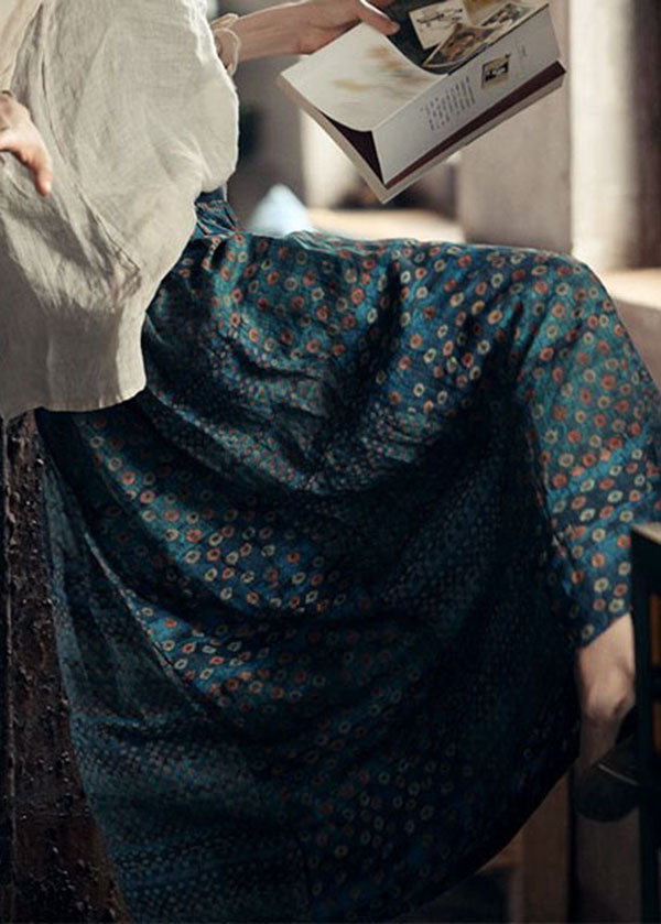 Green Elastic Waist Print Patchwork Linen Skirts Fall