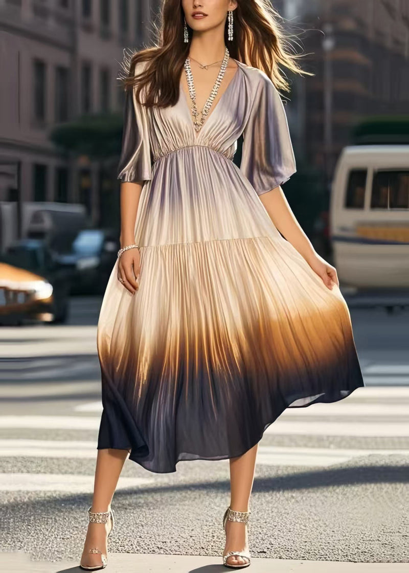 Italian Gradient Color V Neck Tie Dye Silk Pleated Dress Summer