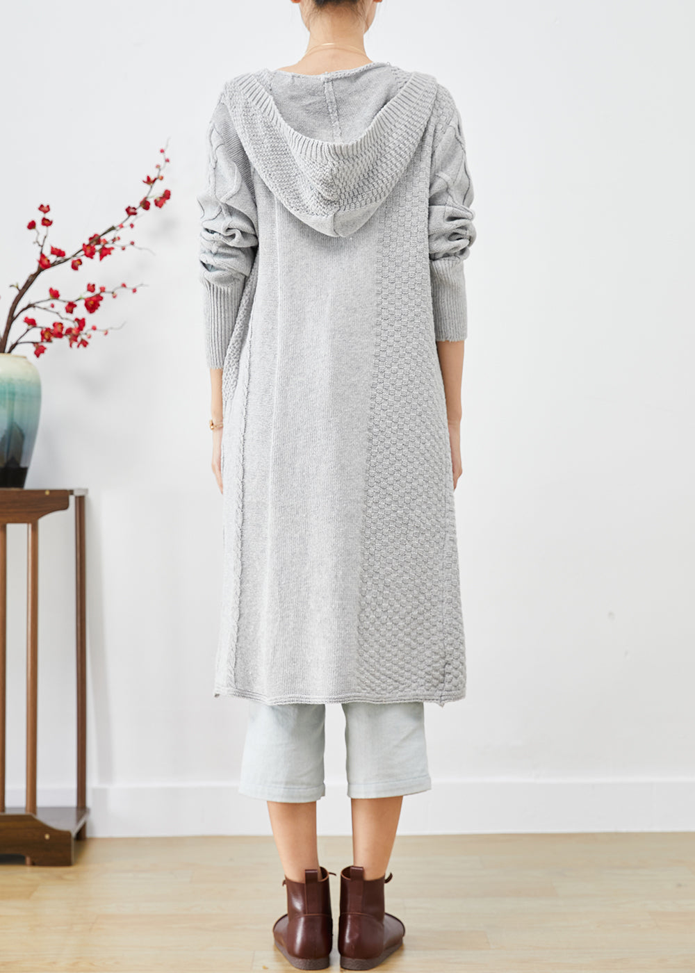 Grey Hooded Oversized Knit Cardigans Spring