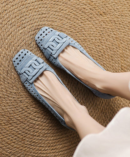 Blue Chunky Heels Suede Hollow Out Splicing