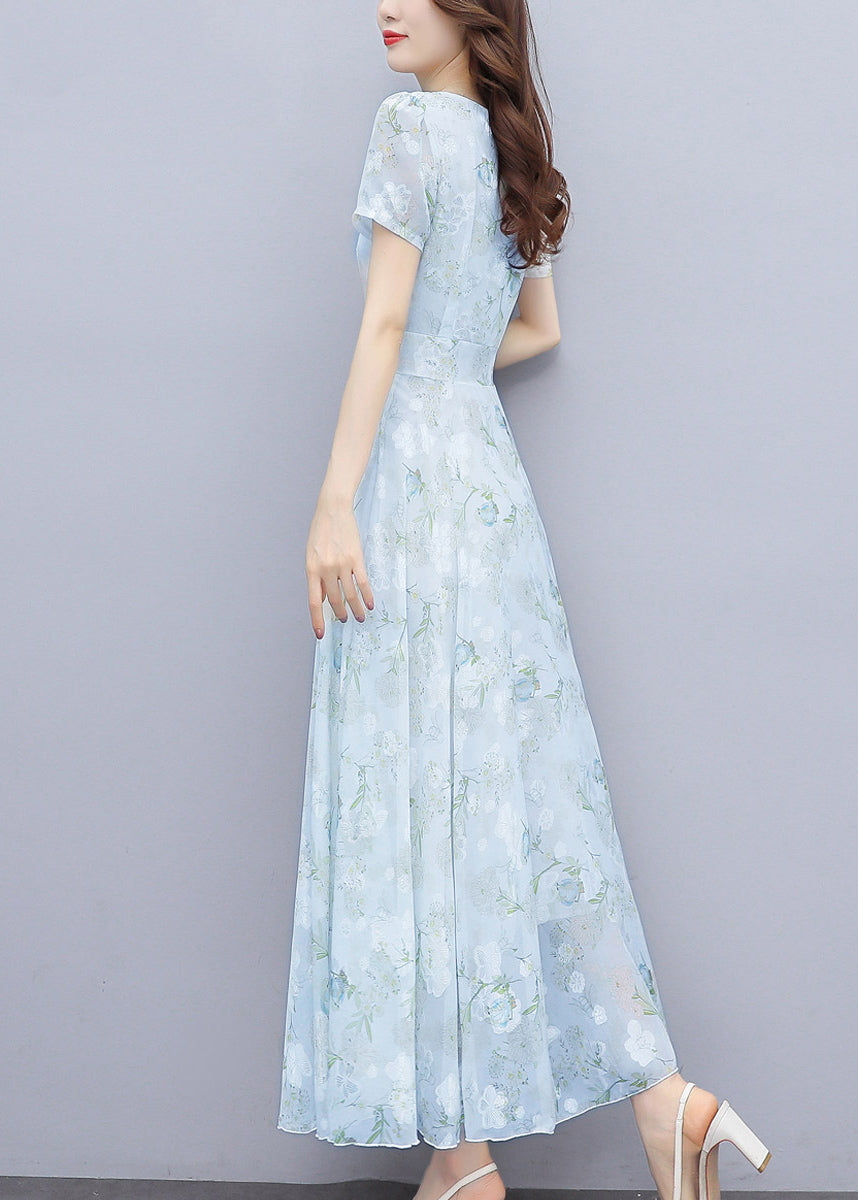 Light Blue Print Silm Fit Chiffon Long Dresses Summer