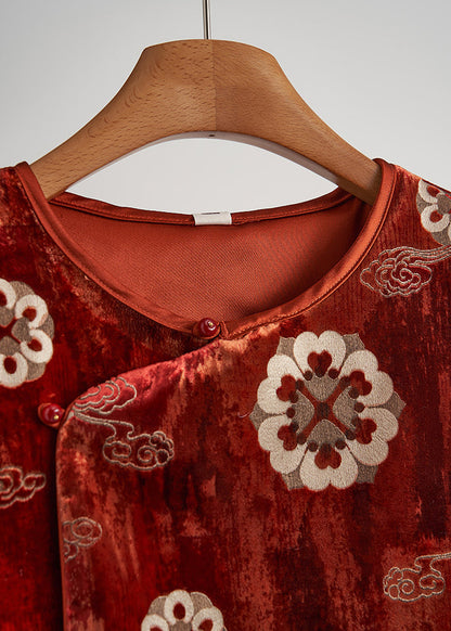 Brick Red Jacquard Silk Velvet Vests Sleeveless