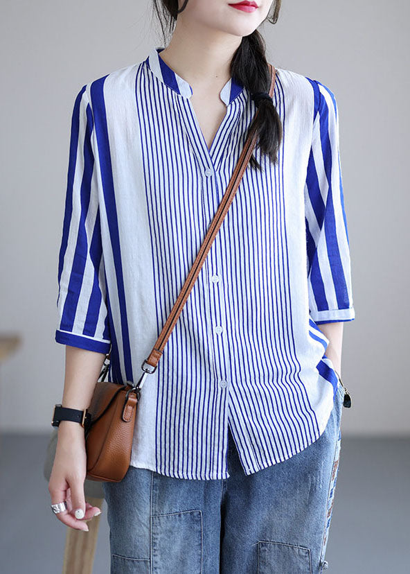 Blue V Neck Striped Cotton Blouses Bracelet Sleeve