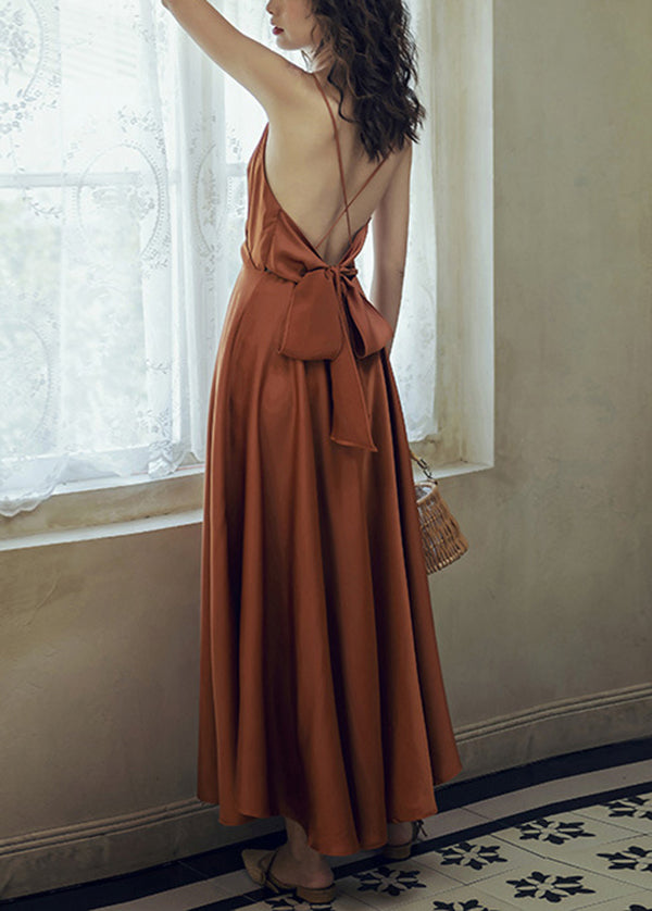 Stylish Caramel Backless Silk Spaghetti Strap Dress Summer