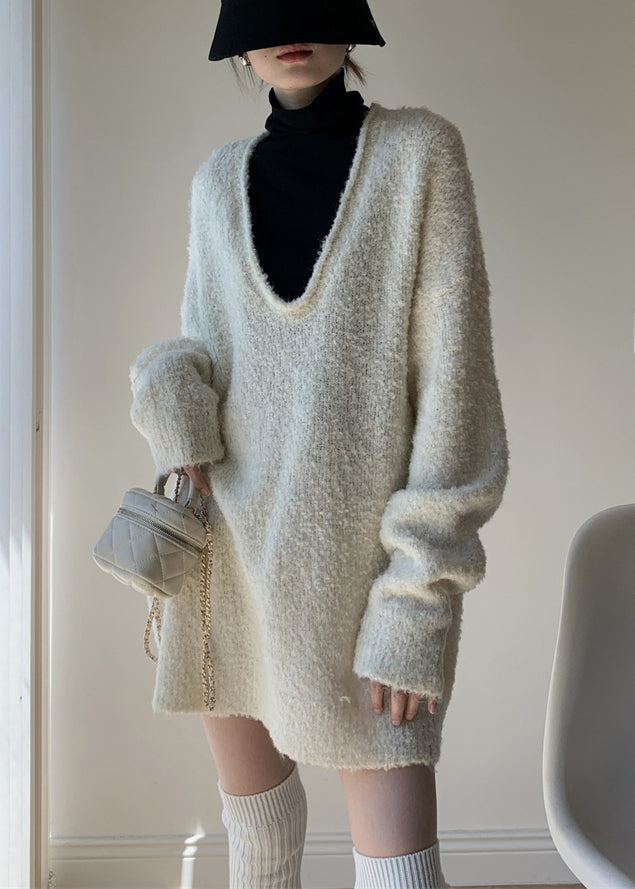 White Cozy Knit Winter Two Pieces Set V Neck