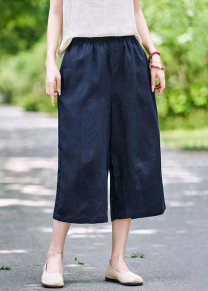 Grey Linen Summer Wide Leg Pants Elastic Waist
