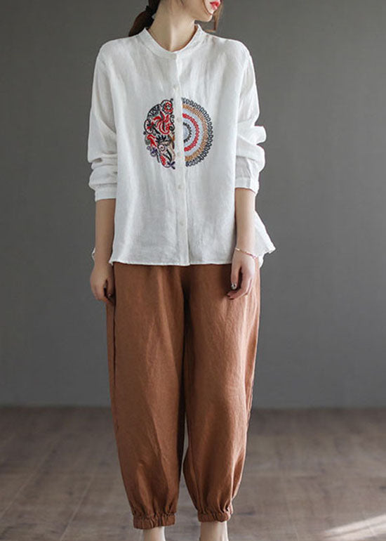 White Loose Linen Shirt Top Low High Design Long Sleeve