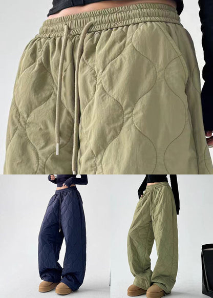 Army Green Pockets Elastic Waist Cotton Filled Pants Winter