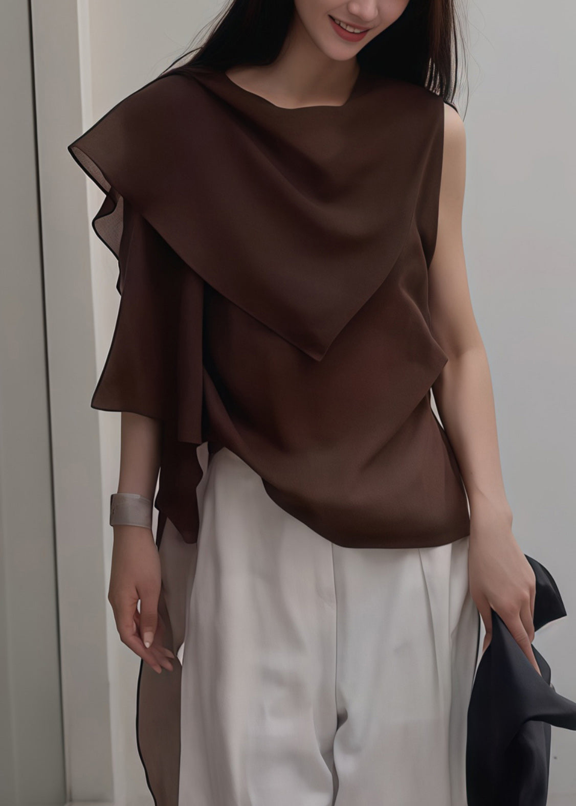Brown Asymmetrical Chiffon Tank Tops Summer