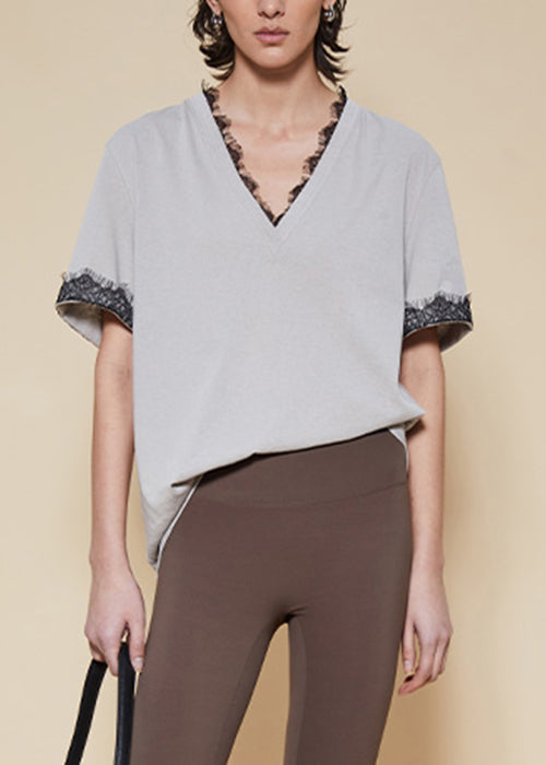 Grey Lace Cotton T Shirt V Neck Short Sleeve