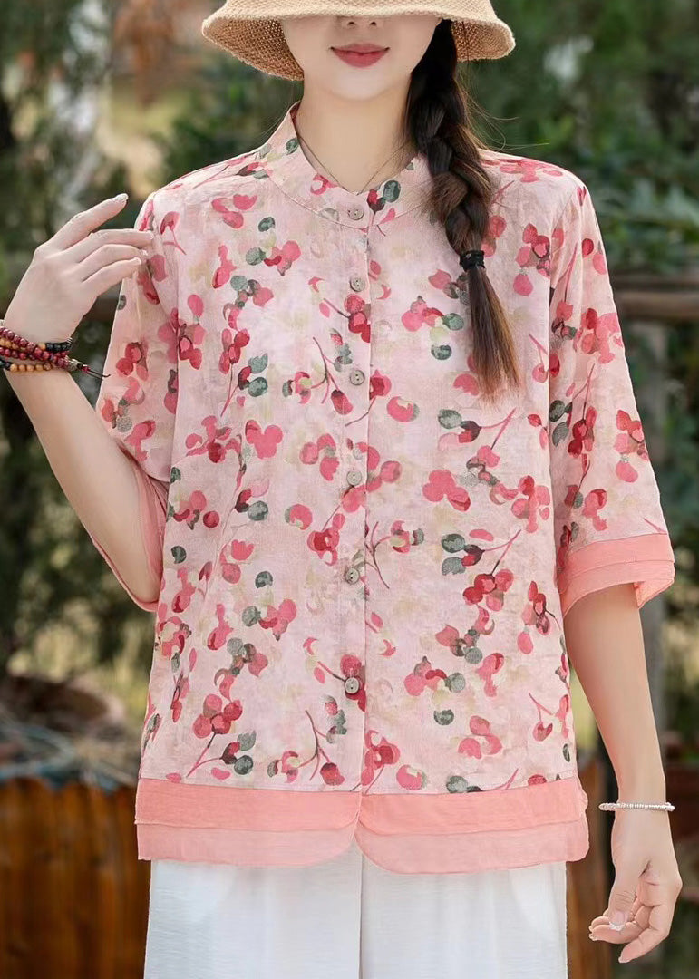 Green Stand Collar Print Linen Shirt Top Half Sleeve