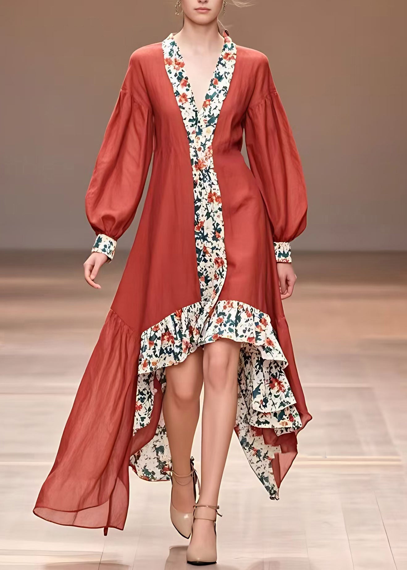 Red Print Asymmetrical Long Dresses Fall