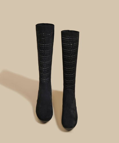 Black Suede Hollow Out Splicing Boots