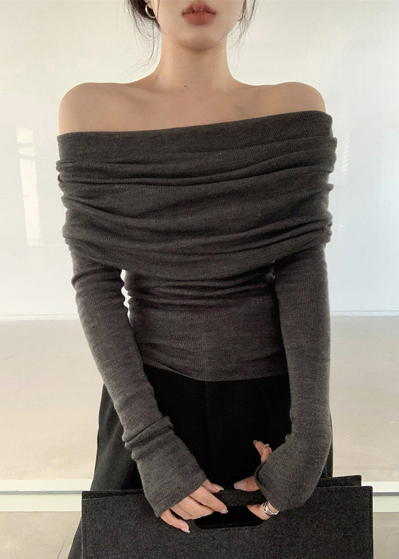 Grey Slash Neck Wrinkled Knit Top Spring