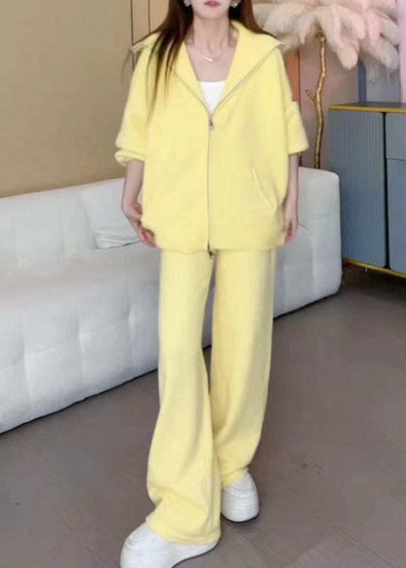 Yellow Zippered Cotton Knit Coats and Wide Leg Pants Two Pieces Set Winter