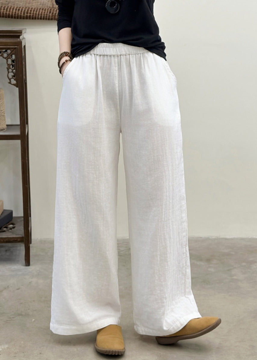 White Elastic Waist Linen Straight Pants Summer
