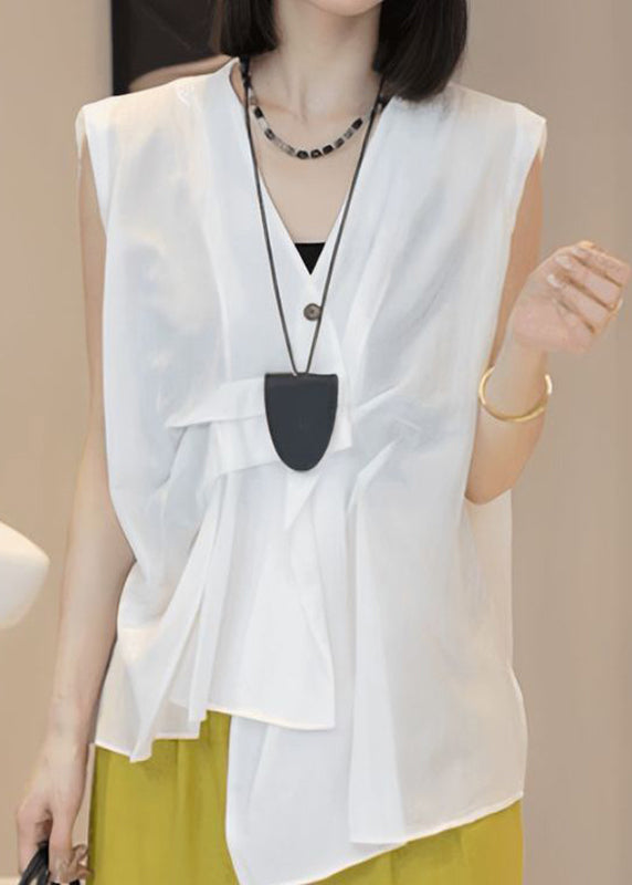 Stylish Blue V Neck Asymmetrical Wrinkled Shirt Sleeveless
