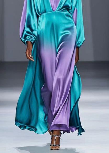 Green V Neck Tie Dye Silk Long Dress Fall