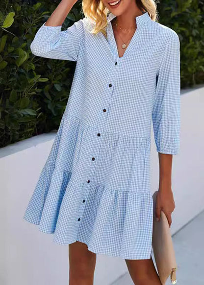 Blue V Neck Plaid Button Cotton Mid Dress Summer