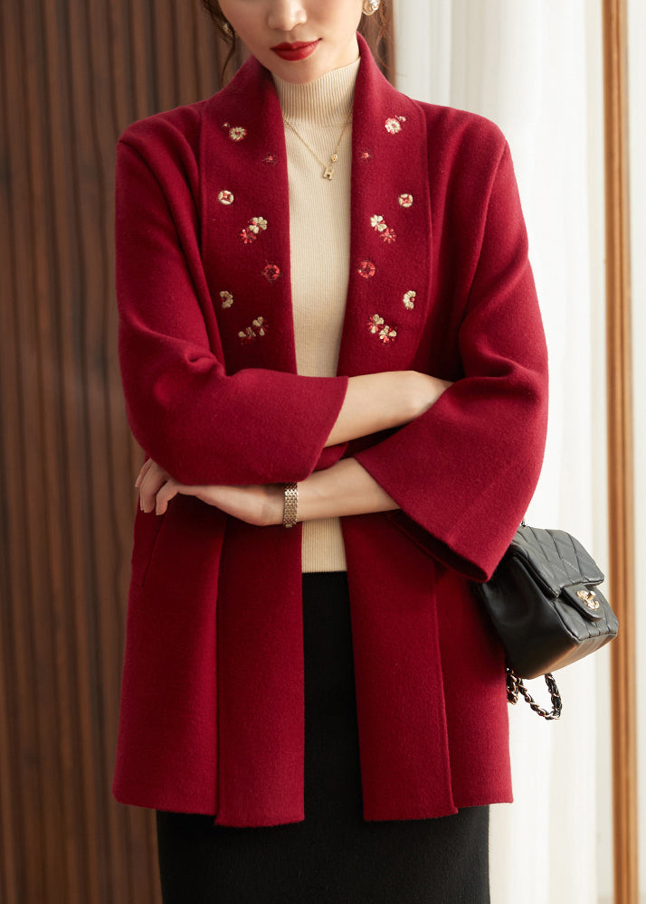 Red V Neck Embroidered Cotton Knit Cardigans Spring