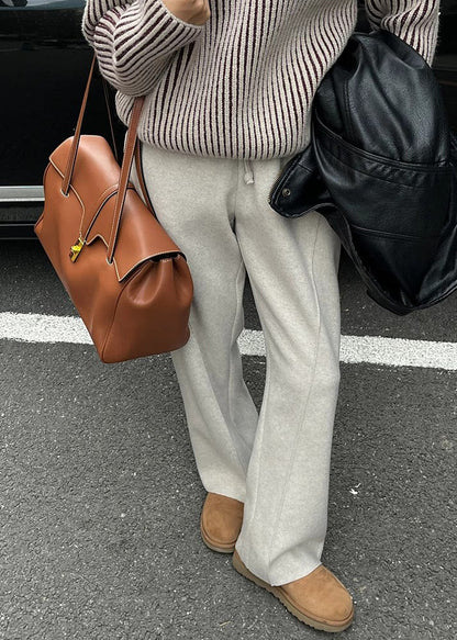 Simple Apricot Pockets Elastic Waist Woolen Pants Winter