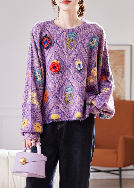 Purple Hollow Out Knit Sweaters O Neck Winter