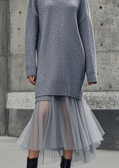 Grey V Neck Patchwork Tulle Knitwear Dress Winter