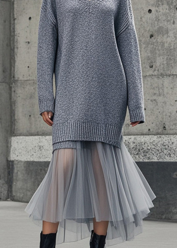 Grey V Neck Patchwork Tulle Knitwear Dress Winter
