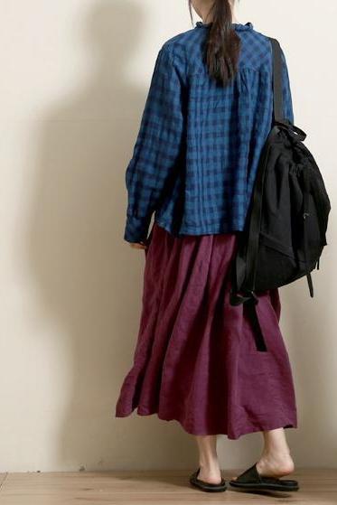 Summer Green and Purple Loose Linen Skirt for