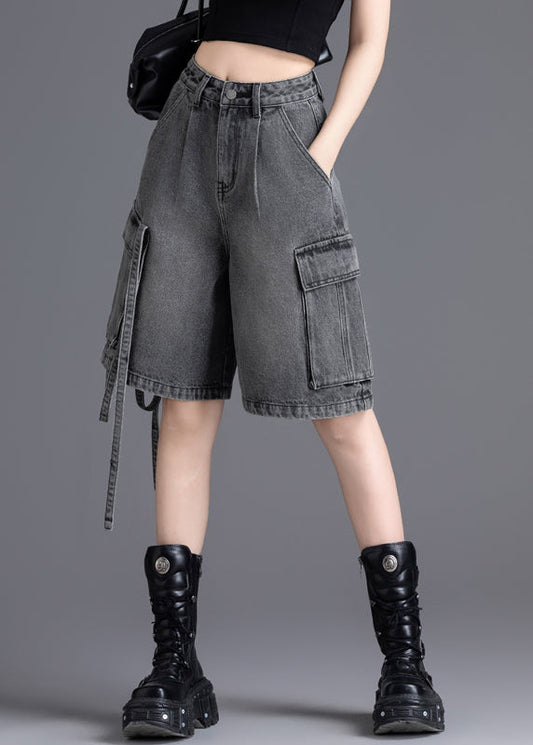 Grey Oversized Pockets Denim Crop Pants Summer