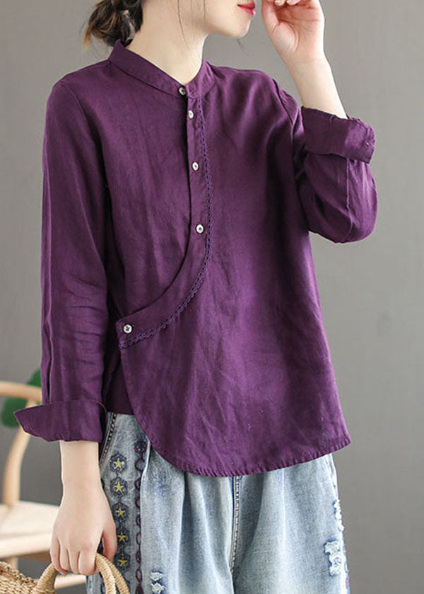 Purple Stand Collar Lace Patchwork Linen Shirt Tops Long Sleeve